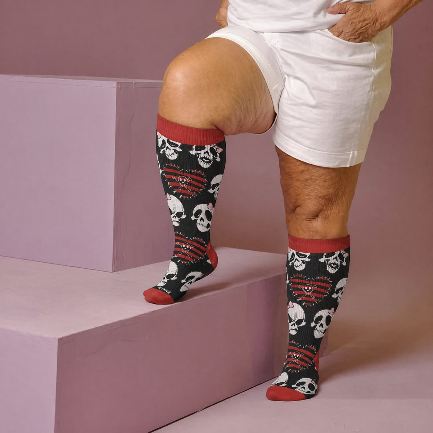 Plus Size Heart Bow Skull Compression Socks - Red(1 Pair) - 4XL - image 2