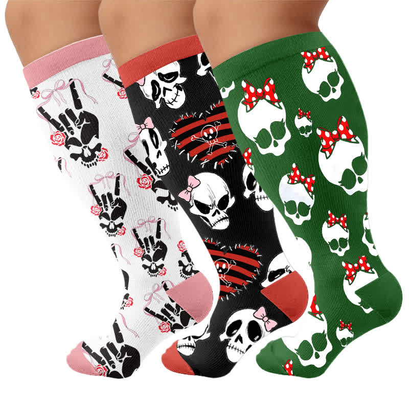 Plus Size Heart Bow Skull Compression Socks - Multicolor(3 Pairs) - 4XL - image 4