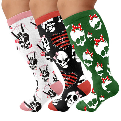 Plus Size Heart Bow Skull Compression Socks - Multicolor(3 Pairs) - 4XL - image 4