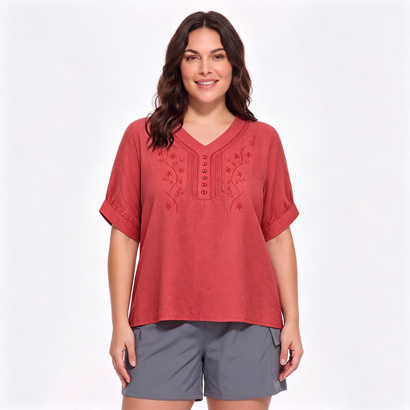 Plus Size Embroidered Relaxed Blouse - Orange - 5XL - image 4
