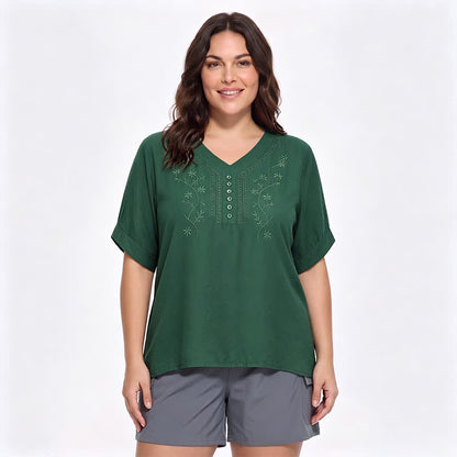 Plus Size Embroidered Relaxed Blouse - Green - 5XL - image 8
