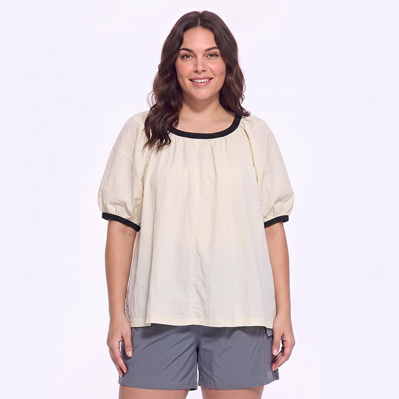 Contrast Trim Relaxed Everyday Blouse - Beige - 4XL - image 0