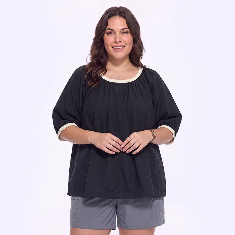 Contrast Trim Relaxed Everyday Blouse - Black - 4XL - image 4