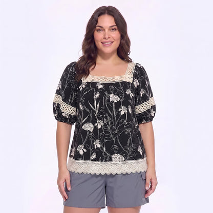 Vintage Floral Lace Square Neck Blouse - Black - 4XL - image 0