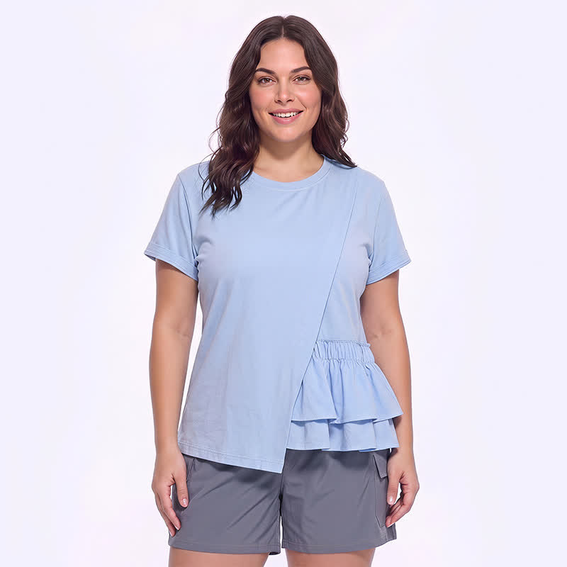 Asymmetrical Ruffle Hem Relaxed Short Sleeve Blouse - Blue - 4XL - image 0