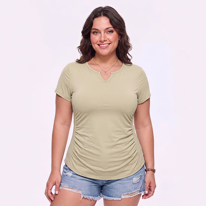 Plus Size Ruched V Neck Sports Shirt - Khaki - 5XL - image 0