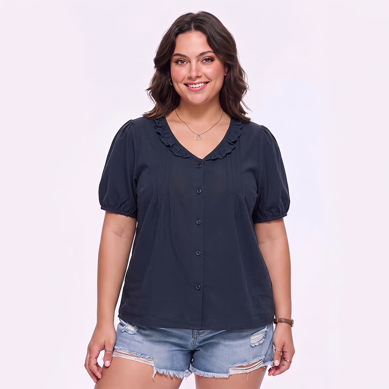 Ruffled V Neck Button Front Everyday Blouse - Navy Blue - 4XL - image 6