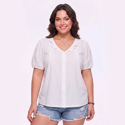 Ruffled V Neck Button Front Everyday Blouse - White - 4XL - image 3