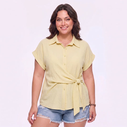 Breezy Tie Waist Collared Button Up Summer Blouse - Yellow - 3XL - image 0
