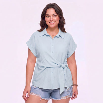 Breezy Tie Waist Collared Button Up Summer Blouse - Blue - 3XL - image 4