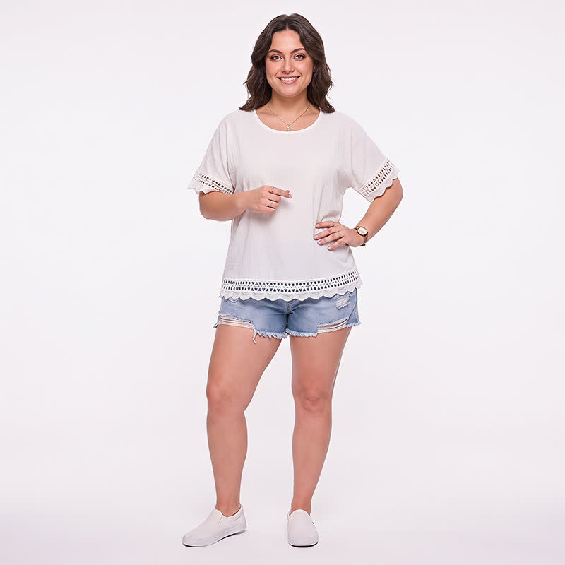 Plus Size Lace Trim Short Sleeve Blouse - image 2