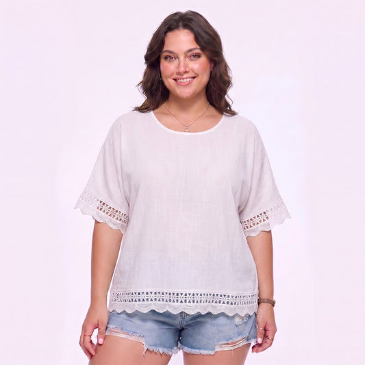 Plus Size Lace Trim Short Sleeve Blouse - White - 3XL - image 0