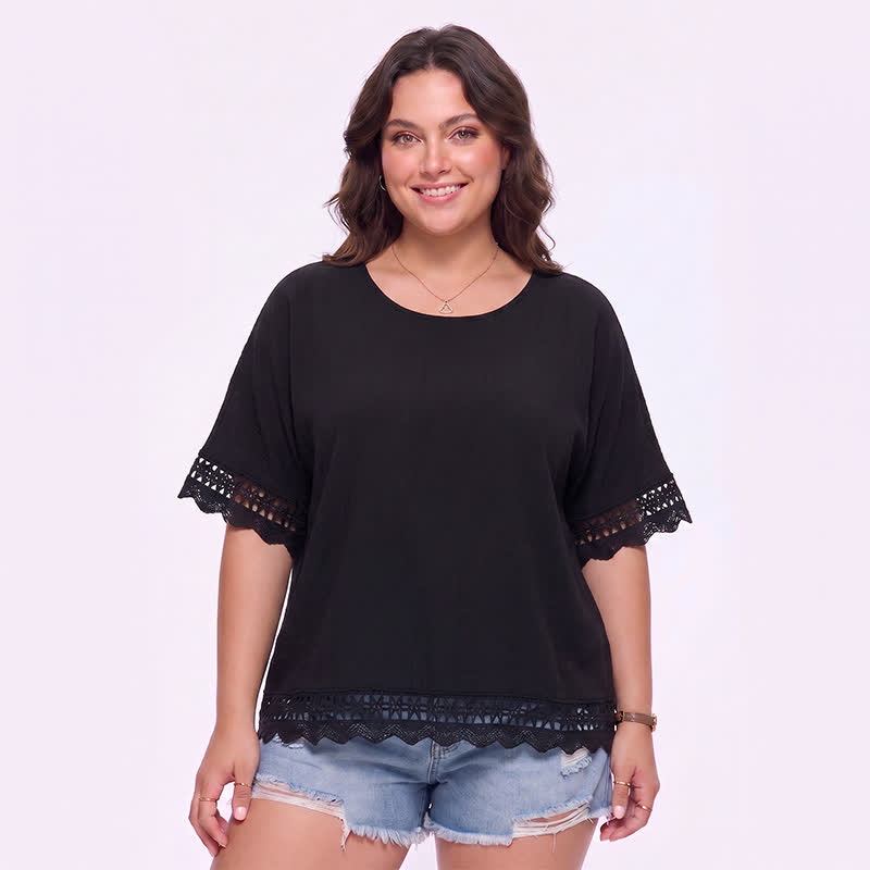 Plus Size Lace Trim Short Sleeve Blouse - Black - 3XL - image 4