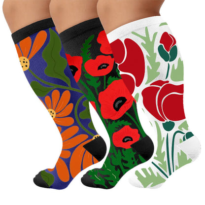 Plus Size Blooming Flowers Compression Socks - Multicolor(3 Pairs) - 4XL - image 4