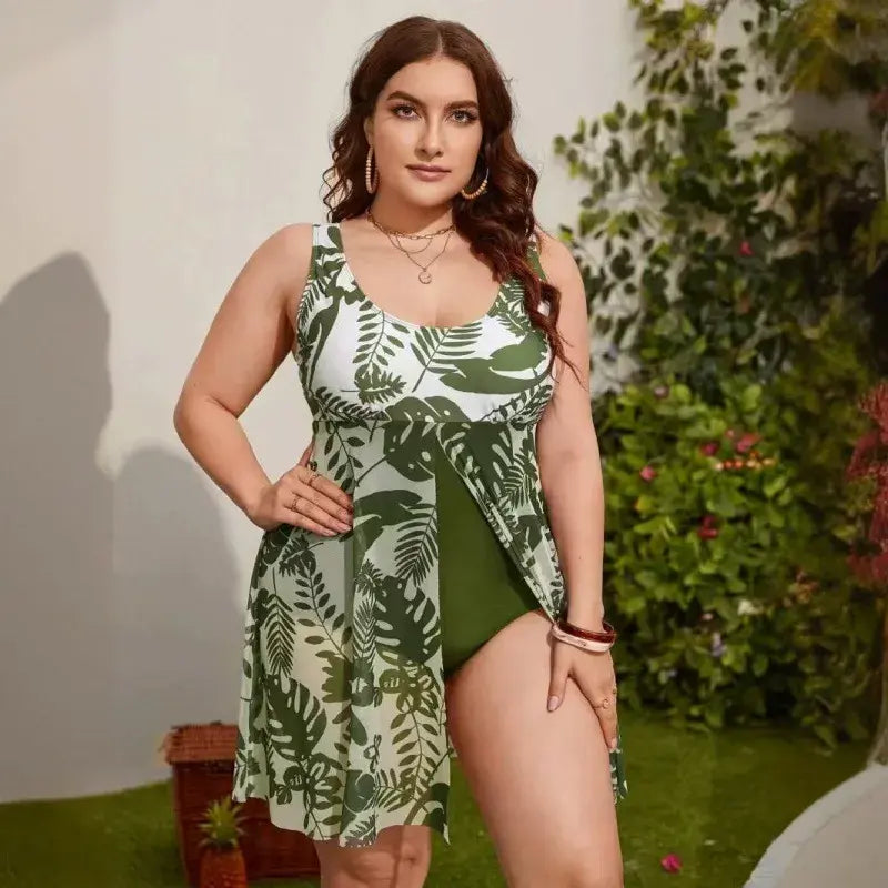 U Neck Mesh Skirted Tummy Control Swim Dress - A - 5XL - image 0