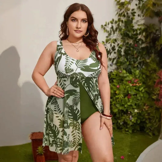 U Neck Mesh Skirted Tummy Control Swim Dress - Green - 5XL - image 0