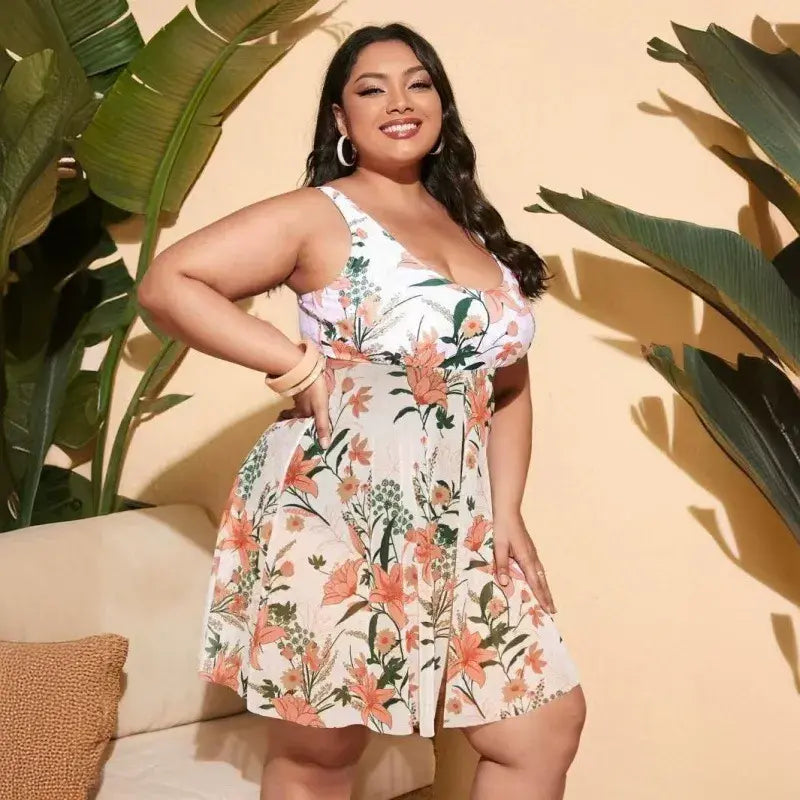 Leaf Print One-Piece Swim Dress - Pink - 5XL - image 1
