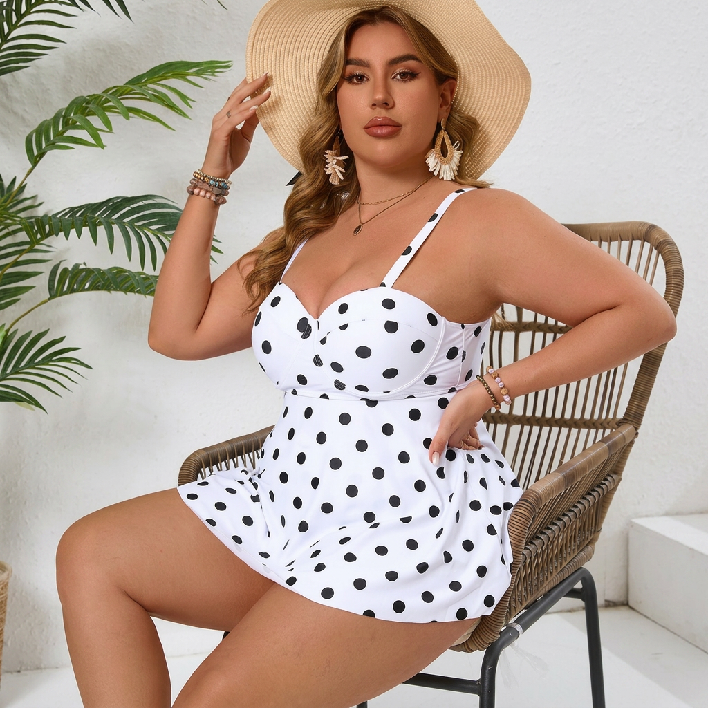 Vintage Polka Dot Skirted Swim Dress - White - 4XL - image 7