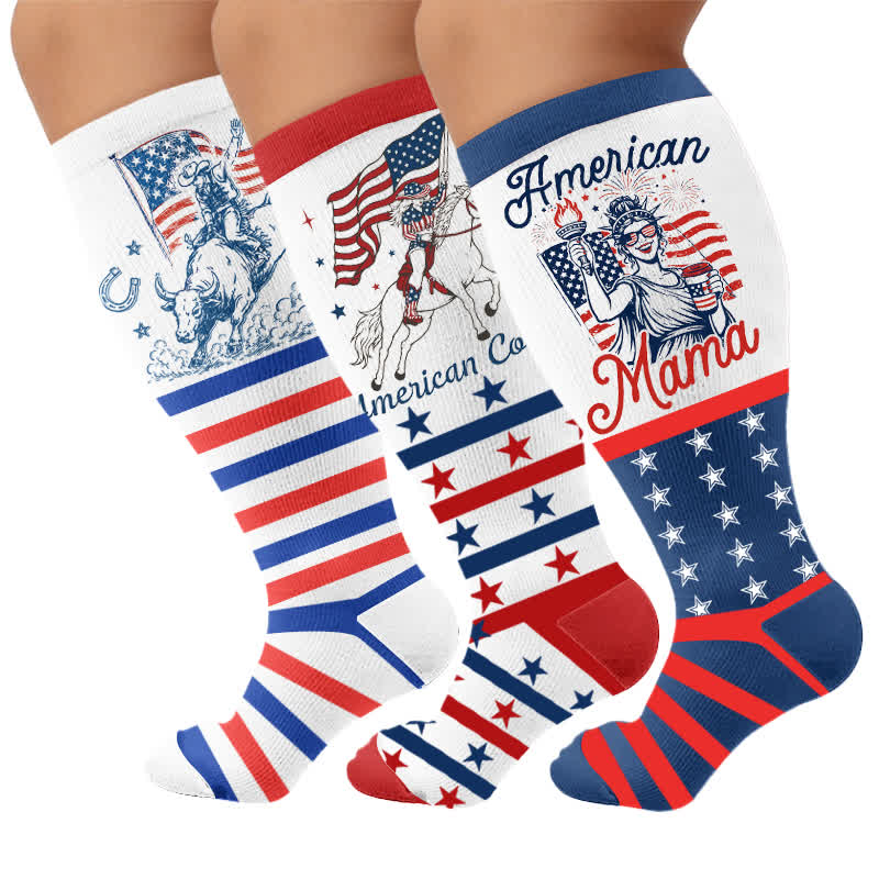 Plus Size Patriotic Cowgirl Compression Socks - Multicolor(3 Pairs) - 4XL - image 4