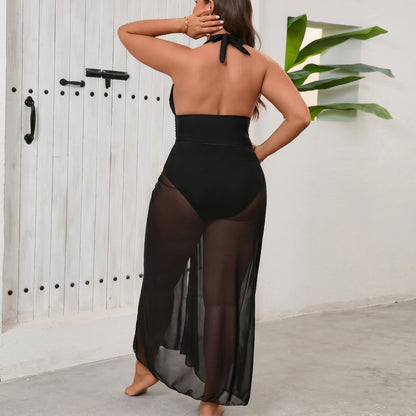 Elegant Black Halter Plunge Mesh Slit Swimwear - image 1