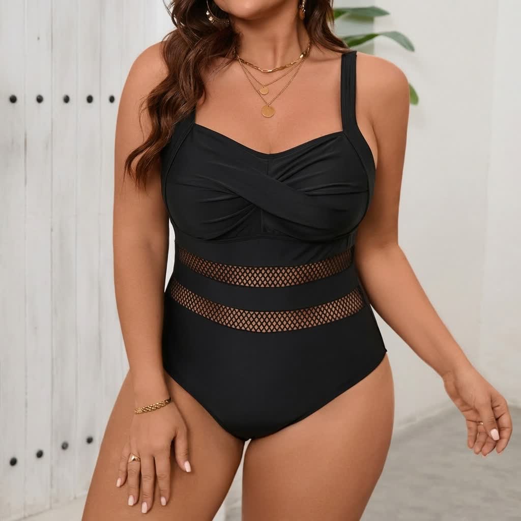 Black Mesh Cutout One Piece Swimsuit - Black - 5XL - image 0