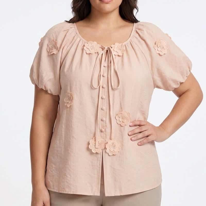 Floral Applique Puff Sleeve Tie Front Blouse - image 0