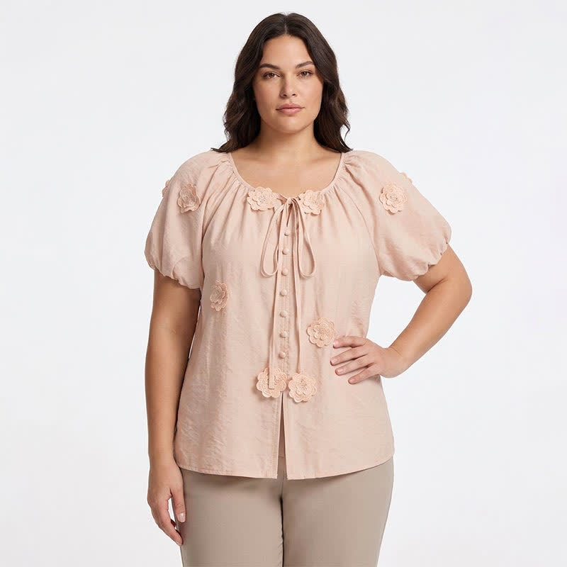 Floral Applique Puff Sleeve Tie Front Blouse - image 1