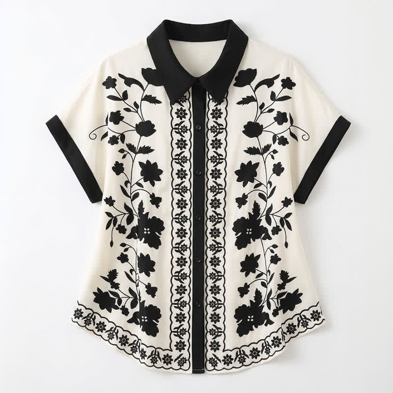 Ivory Floral Contrast Trim Relaxed Blouse Top - image 4