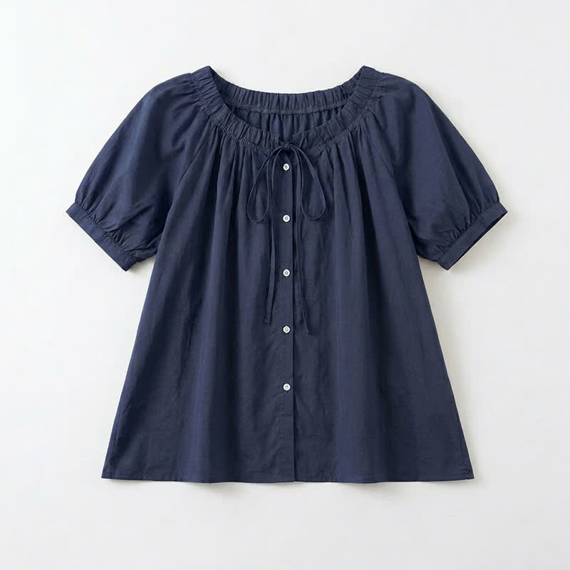 Vintage Tie Neck Button Front Blouse - Navy Blue - 4XL - image 4