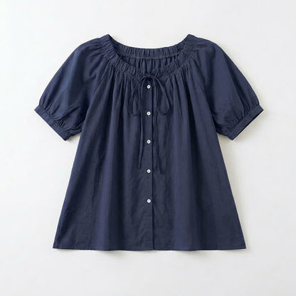 Vintage Tie Neck Button Front Blouse - Navy Blue - 4XL - image 4
