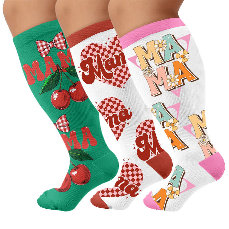 Plus Size Cherry Bow Mama Compression Socks - Multicolor(3 Pairs) - 4XL - image 4