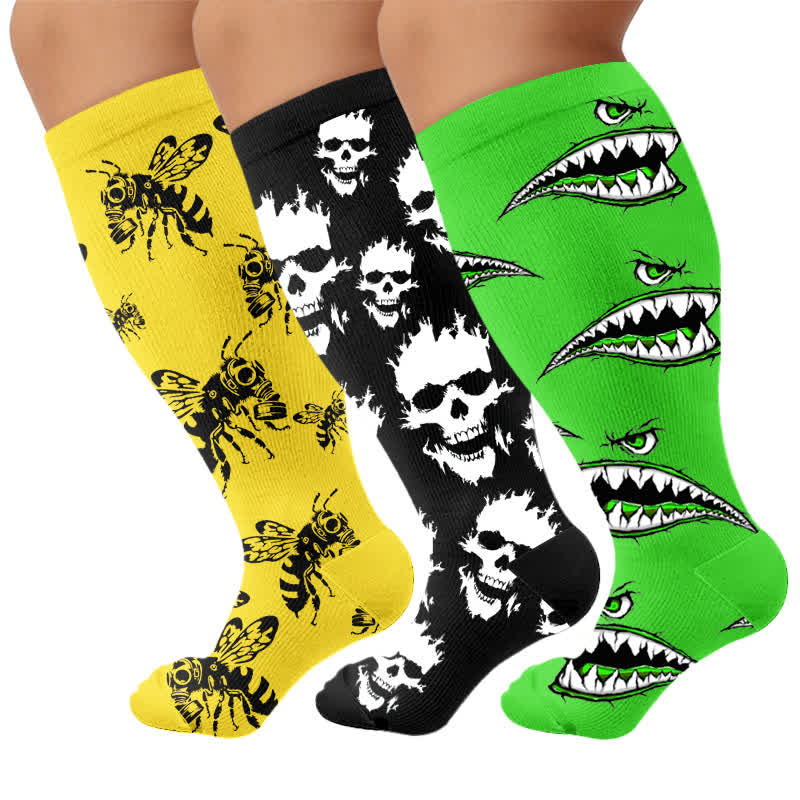 Plus Size Skull Bee Compression Socks - Multicolor(3 Pairs) - 4XL - image 4