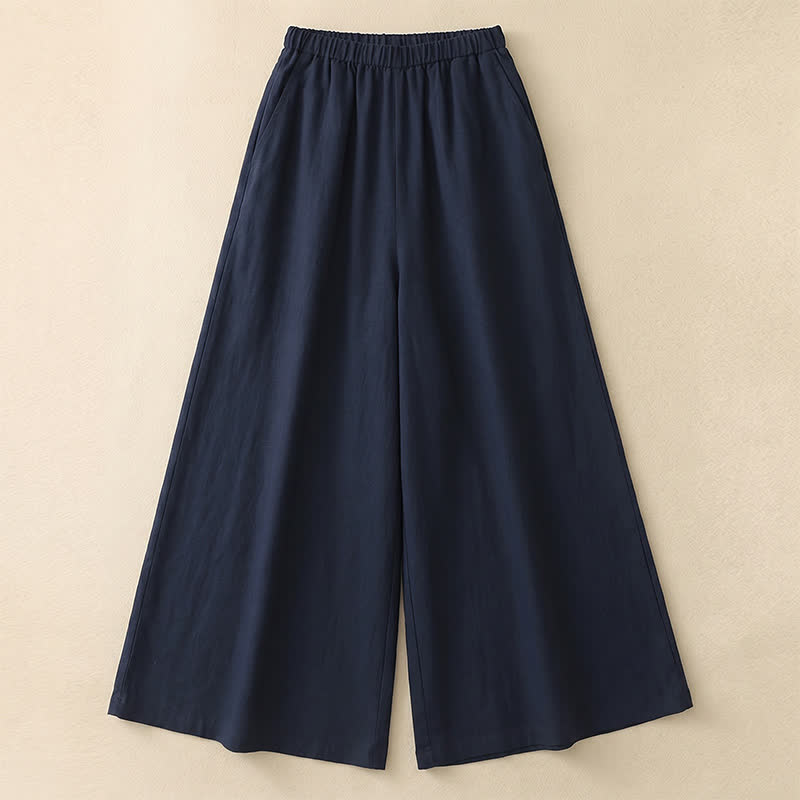 Drawstring Wide Leg Casual Linen-Blend Pants - Navy Blue - 4XL - image 0