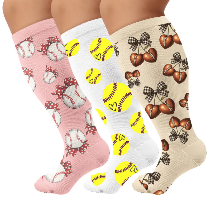 Plus Size Baseball Bow Ribbed Compression Socks - Multicolor(3 Pairs) - 4XL - image 4