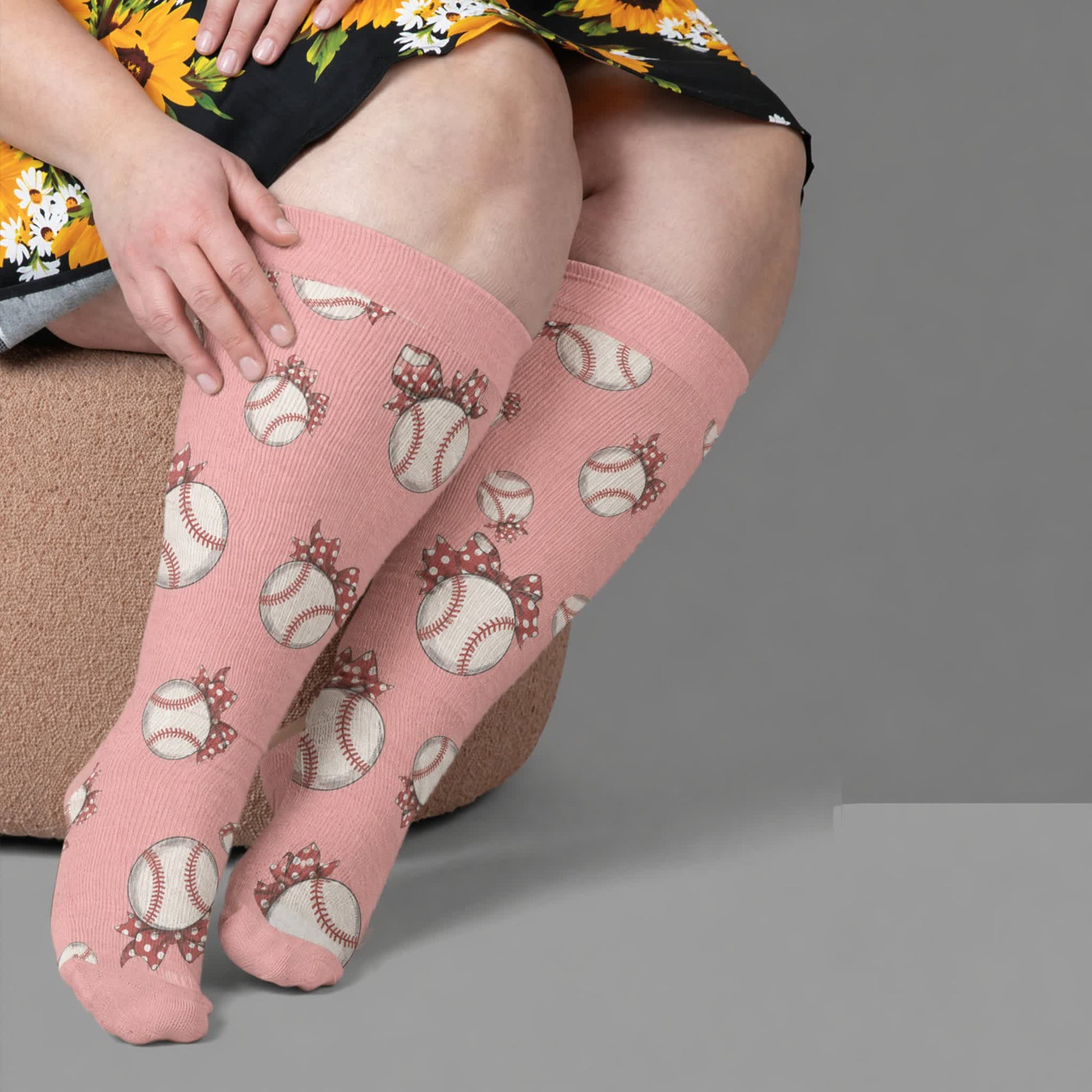 Plus Size Baseball Bow Ribbed Compression Socks - Pink(1 Pair) - 4XL - image 1