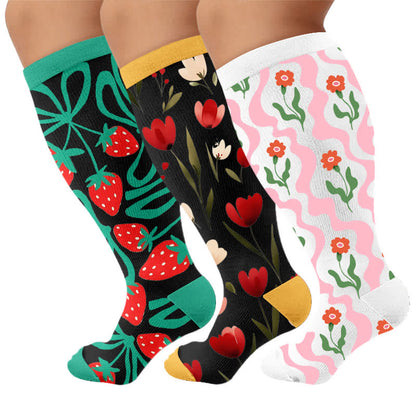 Plus Size Strawberry Vine Compression Socks - Multicolor(3 Pairs) - 4XL - image 4