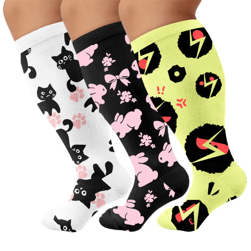 Plus Size White Cat Paw Compression Socks - Multicolor(3 Pairs) - 4XL - image 4