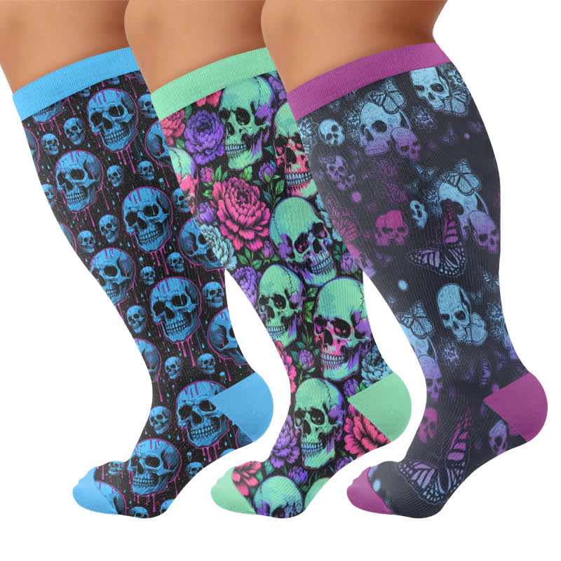 Plus Size Blue Skull Compression Socks - Multicolor(3 Pairs) - 4XL - image 4