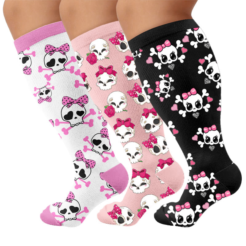 Plus Size Kawaii Skull Bow Compression Socks - Multicolor(3 Pairs) - 4XL - image 4