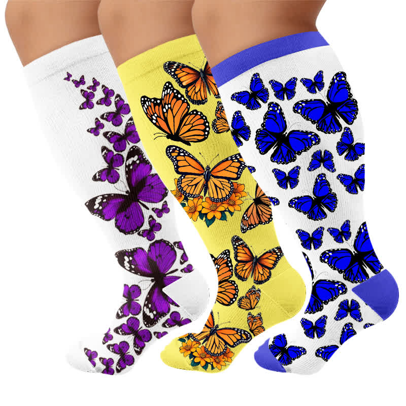 Plus Size Colorful Butterfly Compression Socks - Multicolor(3 Pairs) - 4XL - image 4