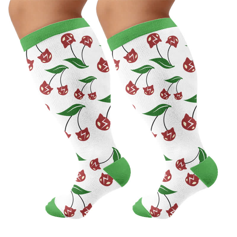 Plus Size Cherry Bow Cat Compression Socks - Green(1 Pair) - 4XL - image 9