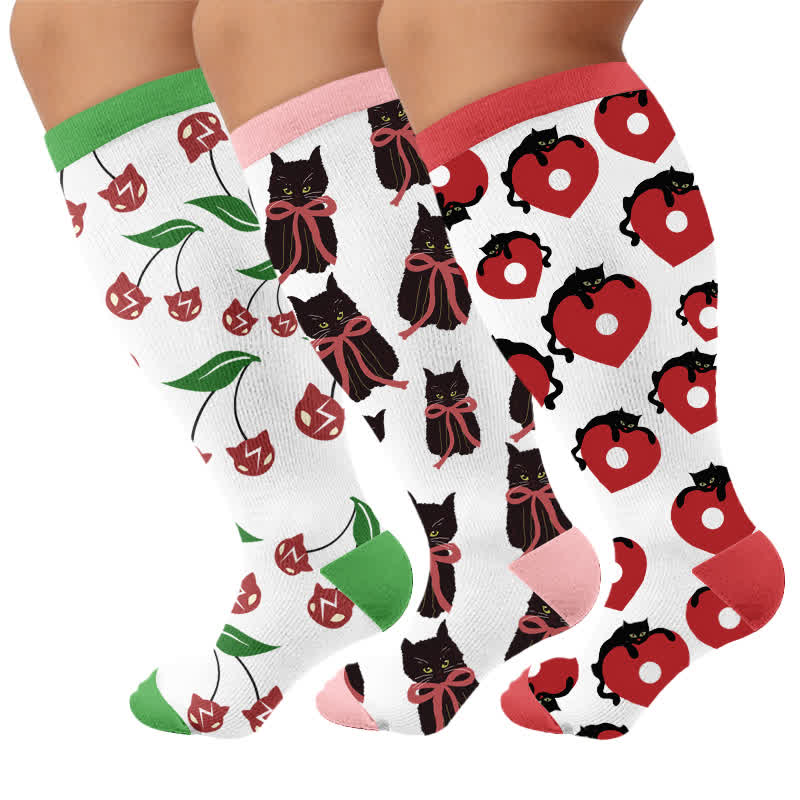 Plus Size Cherry Bow Cat Compression Socks - Multicolor(3 Pairs) - 4XL - image 4