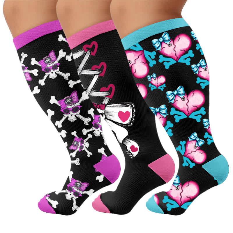 Plus Size Lace Up Skull Compression Socks - Multicolor(3 Pairs) - 4XL - image 4
