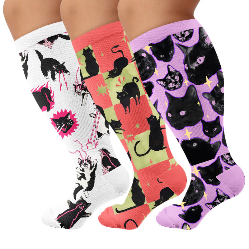 Plus Size Kawaii Black Cat Compression Socks - Multicolor(3 Pairs) - 4XL - image 4