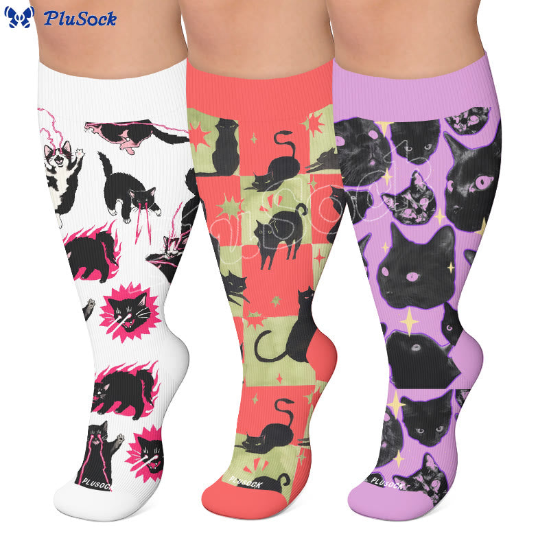 Plus Size Kawaii Black Cat Compression Socks - image 0