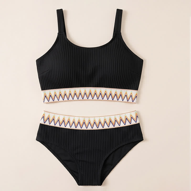 Curvy High Waist Ribbed Bikini Set - Black - 4XL - image 6