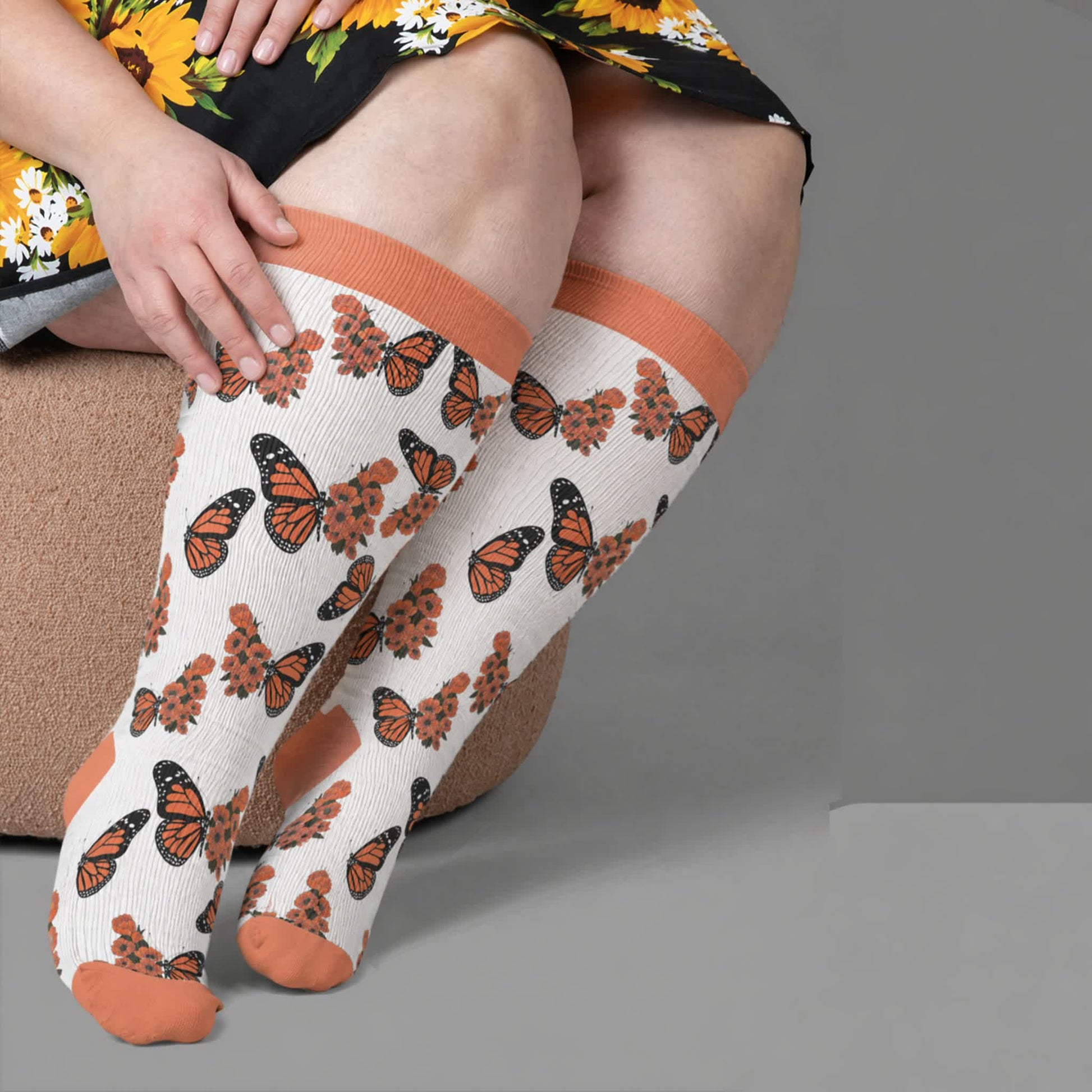 Plus Size Sunset Butterfly Compression Socks - Orange(1 Pair) - 4XL - image 1