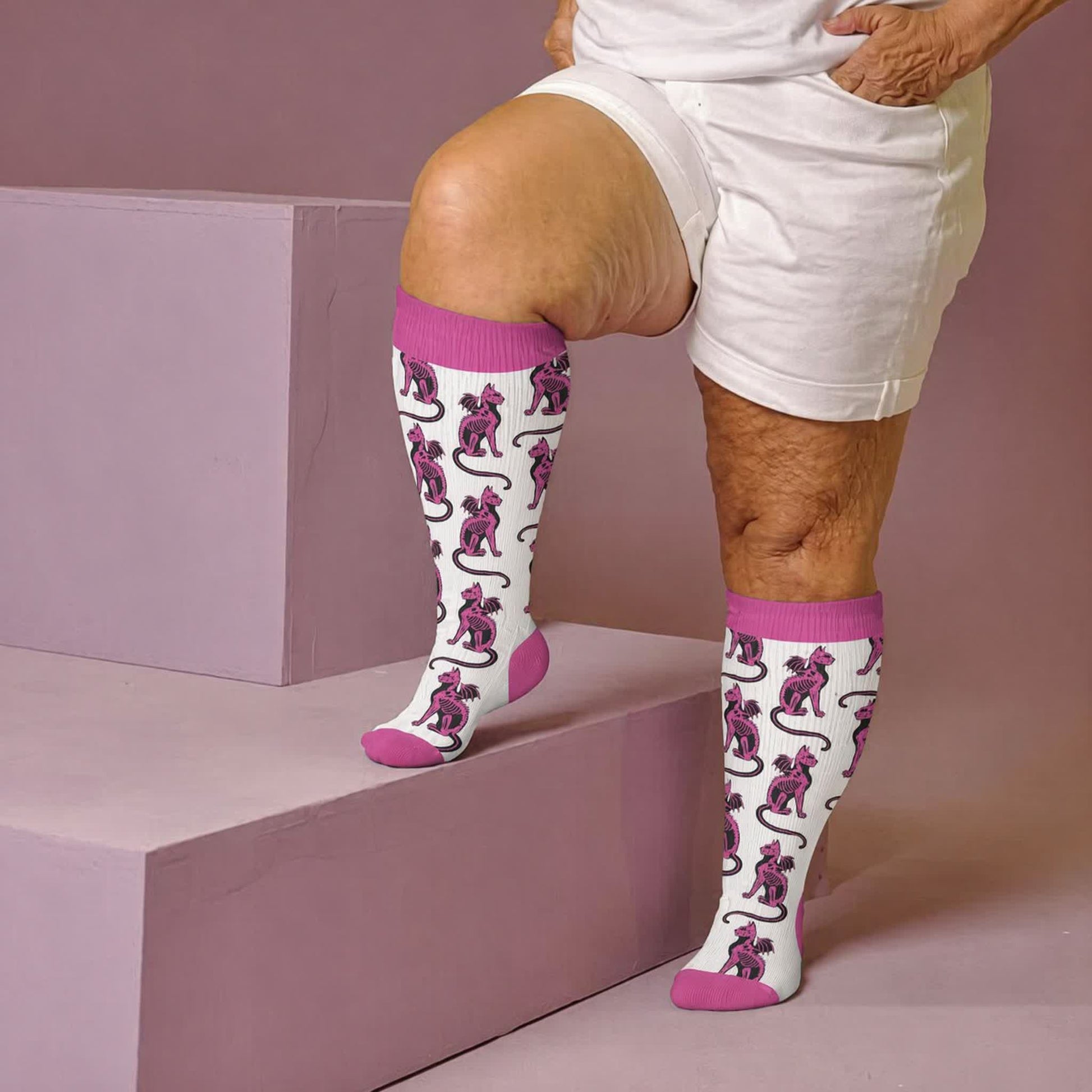 Plus Size Skeleton Cat Compression Socks - White(1 Pair) - 4XL - image 3
