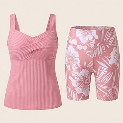 Ribbed Sweetheart Twist Front Tropical Print Tankini Set - image 20