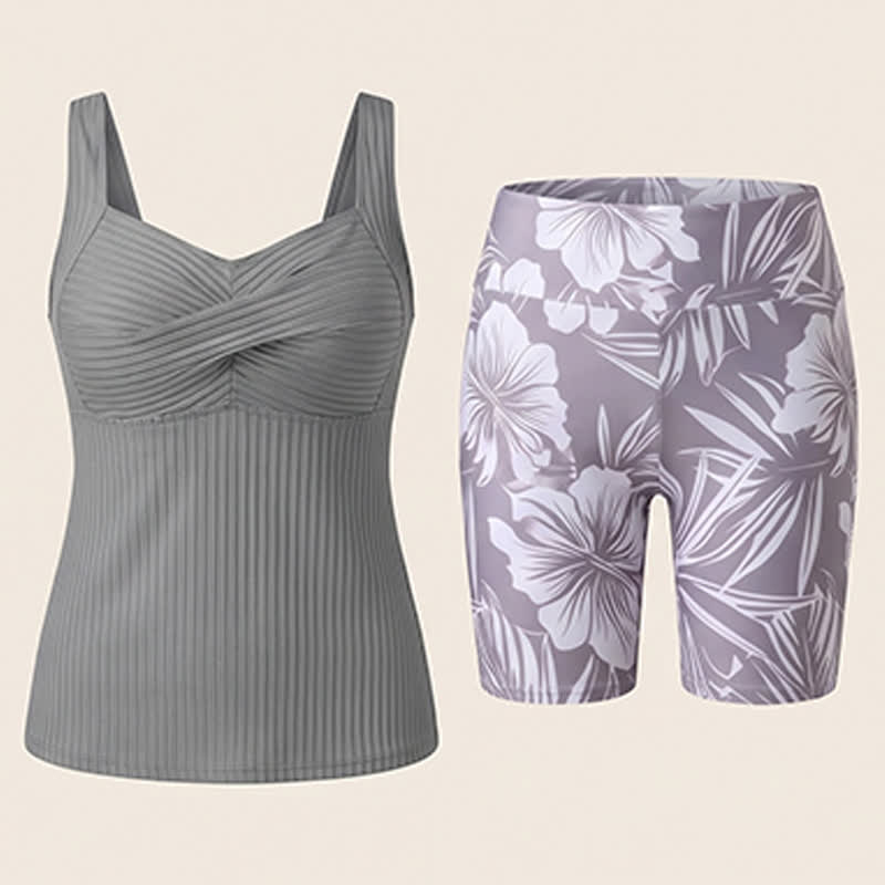 Ribbed Sweetheart Twist Front Tropical Print Tankini Set - image 22
